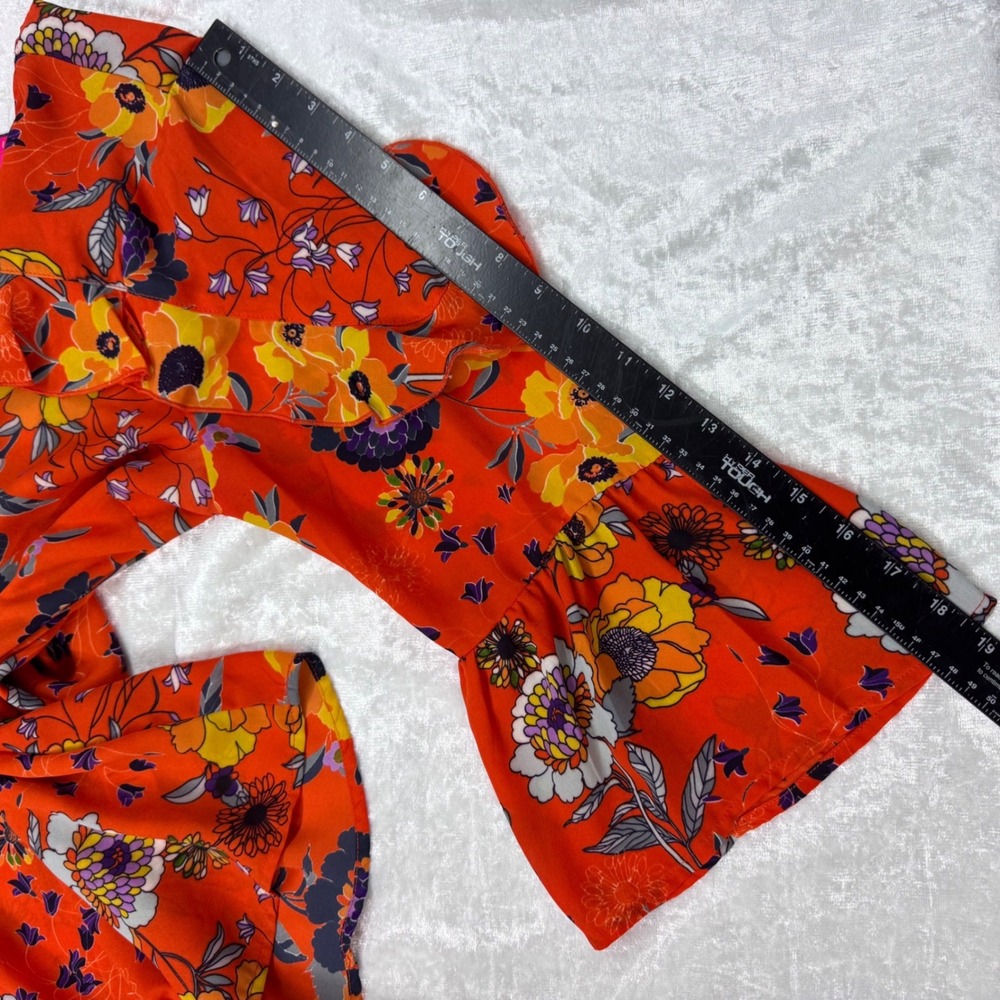Sunny Leigh Blouse Womens XL Orange Floral Ruffle Bell Sleeve Round Neck Top - Picture 10 of 10